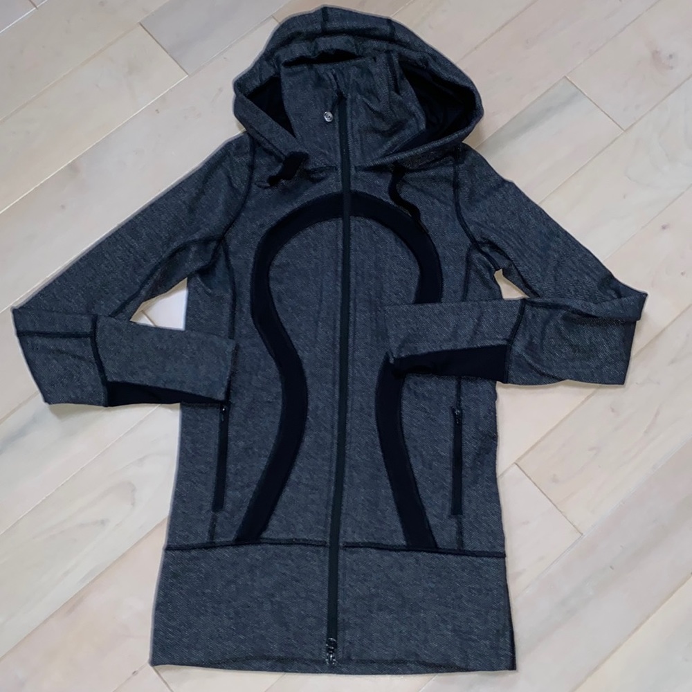 Lululemon soft stretch hooded zip grey black long jacket